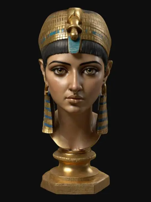 3D model for a bust statue of Cleopatra VII Thea Philopator bust statue . beautifuly detailed. Precice facial features placement of eyes , nose, lips and ears . mounted on a golden detailed base . Clean sharp mesh, no holes or artifacts in mesh. Museum quality appearance. clean defined textures  #women#
