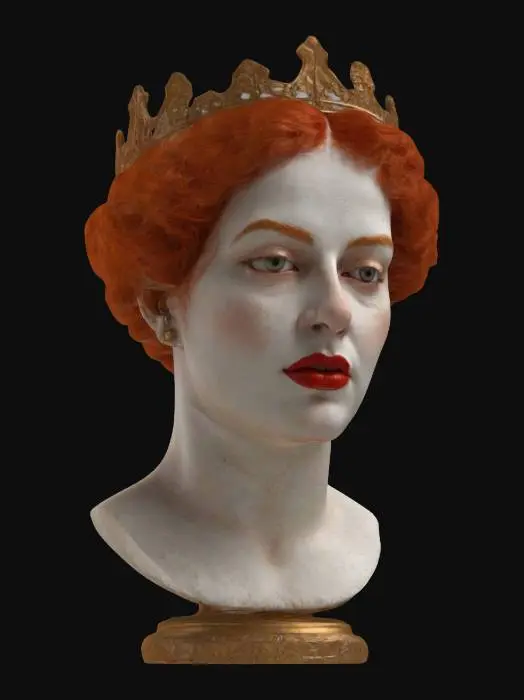 3D model for a bust statue of queen elisbeth 1 beautifuly detailed. face caked with white makeup and red lips , orangeish red hair. Precice facial features placement of eyes , nose, lips and ears . mounted on a golden detailed base . Clean sharp mesh, no holes or artifacts in mesh. Museum quality appearance. clean defined textures  #women#