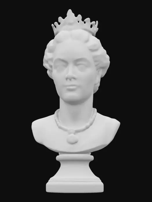 3D model for a bust statue of queen elisbeth 1 beautifuly detailed. face caked with white makeup and red lips , orangeish red hair. Precice facial features placement of eyes , nose, lips and ears . mounted on a golden detailed base . Clean sharp mesh, no holes or artifacts in mesh. Museum quality appearance. clean defined textures  #women#