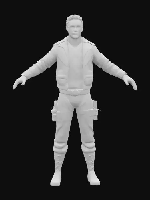 3D model for Create the Kurt Russel Character  Snake Plissken as a t posed  unreal engine 5 quality Game character asset . sharp details in mesh and texture . high detailed face ears mouth and eyes. precise facial feature texture placement . empty handed.

