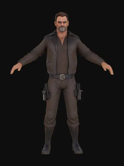 3D model for Create the Kurt Russel Character  Snake Plissken as a t posed  unreal engine 5 quality Game character asset . sharp details in mesh and texture . high detailed face ears mouth and eyes. precise facial feature texture placement . empty handed.

