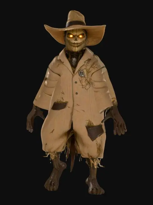 3D model for An evil villain scarecrow character asset, meticulously modeled in a T-pose. It features a crisp, clean-lit mesh, emphasizing sharp, menacing contours of its humanoid form. The texture showcases finely detailed, dark-hued burlap for its clothing, intricately stitched and patched, filled with dry, coarse straw. Weathered wood forms its gaunt limbs, and a grimacing, stitched face on its head exudes malevolence, all rendered with a professional, game-ready finish.