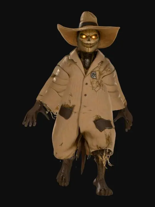 3D model for An evil villain scarecrow character asset, meticulously modeled in a T-pose. It features a crisp, clean-lit mesh, emphasizing sharp, menacing contours of its humanoid form. The texture showcases finely detailed, dark-hued burlap for its clothing, intricately stitched and patched, filled with dry, coarse straw. Weathered wood forms its gaunt limbs, and a grimacing, stitched face on its head exudes malevolence, all rendered with a professional, game-ready finish.