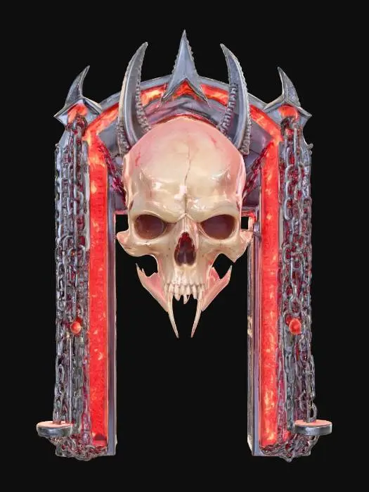 3D model for giant skull gate wrapped in red hot chains, hellfire, demonic, hell, evil, ominous, 4K, hyper realistic, ultra detailed
