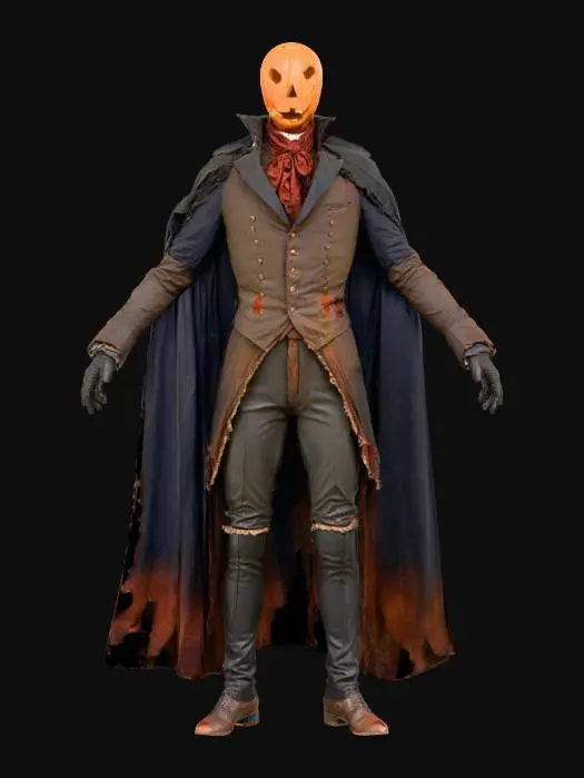 3D model for model a ultra realistic t posed headless  male aristicrat  from the 1800s era wearing weathered riding attire and tattered Cape . the headless horseman sleepy hollow . t pose. No head ..only body. bloodstained neck and chest   #villain#