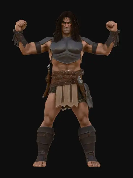 3D model for Conan the Destroyer Barbarian Game Character Asset T posed. Hands are empt ywith fingers spread apart .Destroyer armor and gauntlets .  destroyer axe straped to his Back. High quality Texture and mesh. No holes or loose artifacts in mesh.