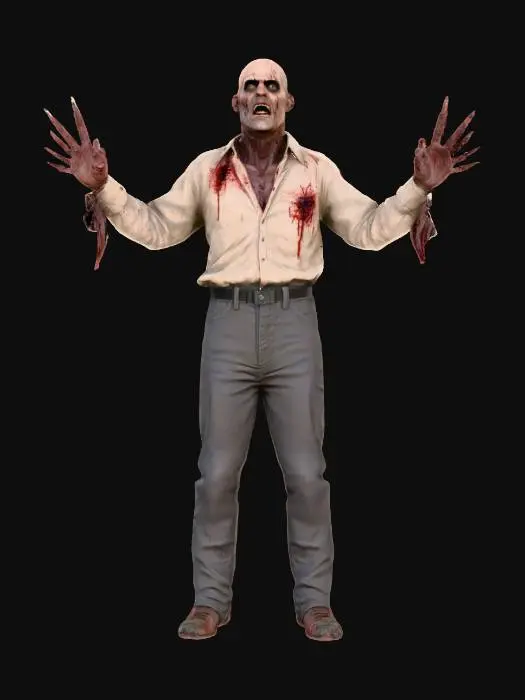 3D model for create a  realistic  high level of detail in mesh and texture of a t posed evil dead movie franchise  Male Deadite demonic Character . Clean detail sculpt, no artifacts or holes . High detail texture. Bloody clothing, Bald head, long black fingernails .. great atention to face  and hands details dark sunken eye sockets shallow cheeks. Realistic human proportion biped dimensions.  wrinkled shabby stained  pants and shirt . worn Casual mens shoes .  No Nudity.