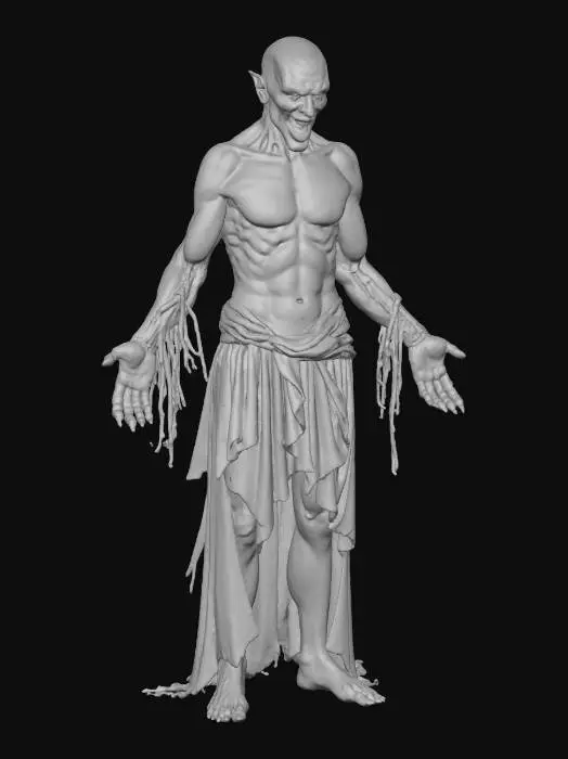 3D model for create a realistic high level of detail in mesh and texture of a t posed evil dead movie franchise Male Deadite demonic Character . Clean detail sculpt, no artifacts or holes . High detail texture. Bloody clothing, Bald head, long black fingernails .. great atention to face and hands details dark sunken eye sockets shallow cheeks. Realistic human proportion biped dimensions. wrinkled shabby stained pants and shirt . worn Casual mens shoes . No Nudity.