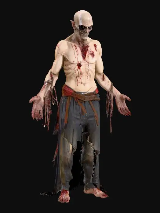 3D model for create a realistic high level of detail in mesh and texture of a t posed evil dead movie franchise Male Deadite demonic Character . Clean detail sculpt, no artifacts or holes . High detail texture. Bloody clothing, Bald head, long black fingernails .. great atention to face and hands details dark sunken eye sockets shallow cheeks. Realistic human proportion biped dimensions. wrinkled shabby stained pants and shirt . worn Casual mens shoes . No Nudity.