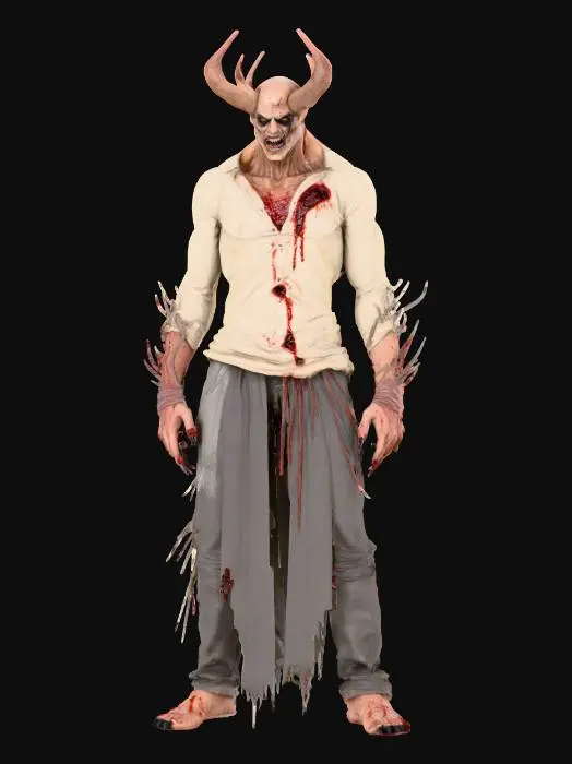 3D model for create a realistic high level of detail in mesh and texture of a t posed evil dead movie franchise Male Deadite demonic Character . Clean detail sculpt, no artifacts or holes . High detail texture. Bloody clothing, Bald head, long black fingernails .. great atention to face and hands details dark sunken eye sockets shallow cheeks. Realistic human proportion biped dimensions. wrinkled shabby stained pants and shirt . worn Casual mens shoes . No Nudity.