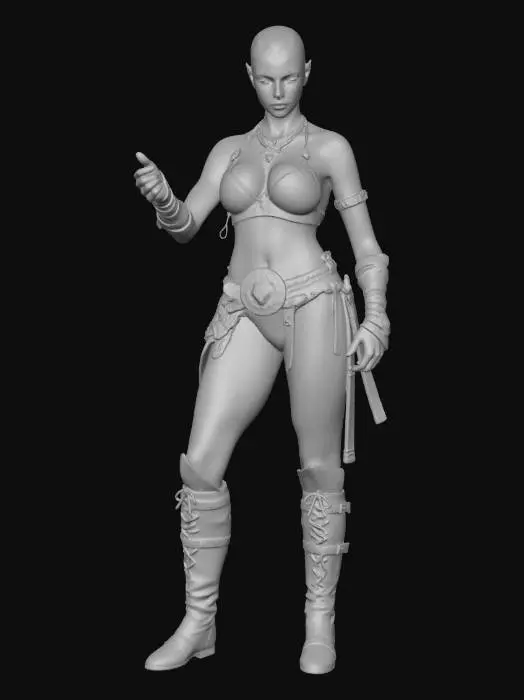3D model for A highly detailed mesh and incredible detailed textured model of a female thinly but Muscular bald headed Barbarian warrior she is in a t pose with her finger spread apart . her mouth is opened with a neautral expression .she is dressed in Bikini armor made of steel and leather . her shoulder armor is small and leather .Her knee high boots are dark brown with a short heel .her face is a pale white with some freckles . her eyey makeup is soft green her eye brows are red