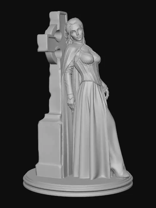 3D model for {a seductive|an alluring|a dominantly poised|a mischievously grinning} {vampire queen|bloodthirsty temptress|nocturnal seductress|gothic enchantress} leaning languidly against a {crumbling|ancient|moss-covered|thorn-entwined} stone cross in a {moonlit graveyard|forgotten chapel ruin|mist-shrouded forest clearing|storm-lashed hillside}. Her {pale|porcelain|alabaster|ebony} skin glows {ethereally|sinisterly|provocatively} under the {flickering candlelight|pale moonlight|blood-red dusk|eerie green auroras}, her {crimson|golden|black|hollow} eyes locking onto the viewer with {predatory hunger|playful malice|unspoken promise|cold amusement}. She wears a {tightly corseted|silk-draped|tattered