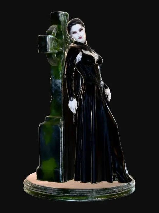 3D model for {a seductive|an alluring|a dominantly poised|a mischievously grinning} {vampire queen|bloodthirsty temptress|nocturnal seductress|gothic enchantress} leaning languidly against a {crumbling|ancient|moss-covered|thorn-entwined} stone cross in a {moonlit graveyard|forgotten chapel ruin|mist-shrouded forest clearing|storm-lashed hillside}. Her {pale|porcelain|alabaster|ebony} skin glows {ethereally|sinisterly|provocatively} under the {flickering candlelight|pale moonlight|blood-red dusk|eerie green auroras}, her {crimson|golden|black|hollow} eyes locking onto the viewer with {predatory hunger|playful malice|unspoken promise|cold amusement}. She wears a {tightly corseted|silk-draped|tattered