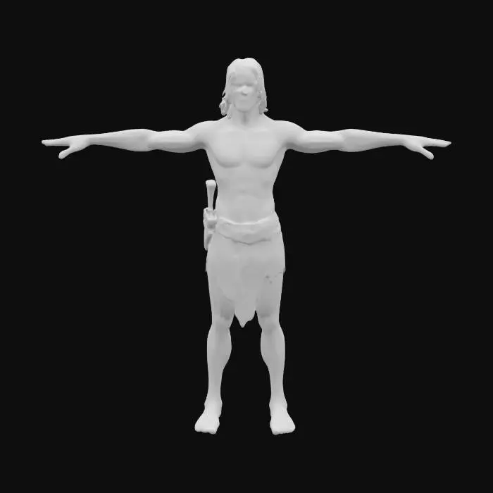 3D model for Tarzan game asset character t pose, fingers spread, tall slender muscular body, leather loin cloth, medium length dark hair , rugged handsome face . bone knife in leather sheath at hip . tanned toned skin texture . Clean mesh , no holes or artifacts .realistic athletic human anatomy . realistic body skin and face texture. precise facial texture feature placement . confirm details before completion . #Game figure#