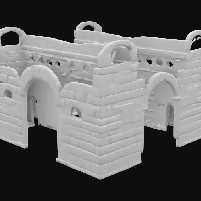 3D model for a real world textured long winding stone walled corridor with opened ceiling . haunting textures, cobble floor