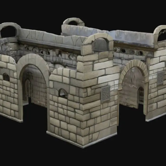 3D model for a real world textured long winding stone walled corridor with opened ceiling . haunting textures, cobble floor