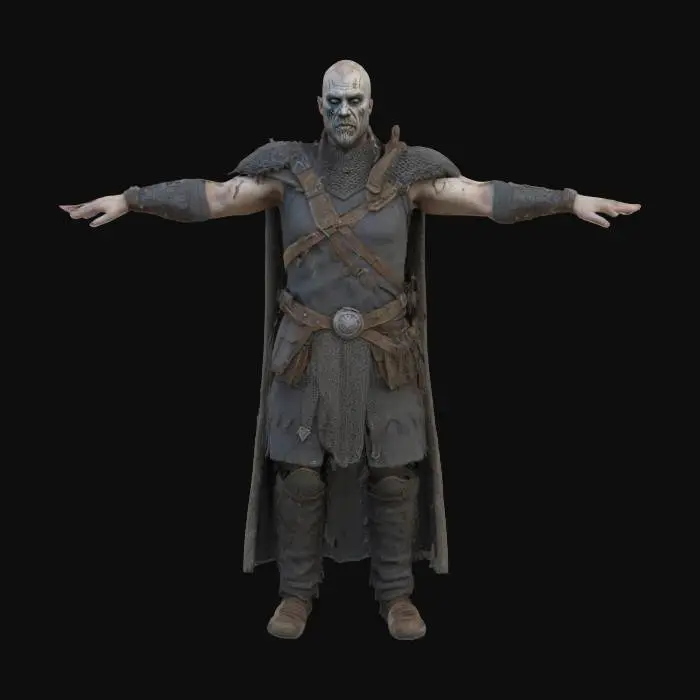 3D model for create a Render ready High quality mesh and Textured Model of A Viking norseman undead warrior unreal engine 5 t posed game character asset. precision texture placement .
Aged battle worn outfit . hands open, fingers spread . holding no items clean sharp mesh, no artifacts .Detailed face eyes ears and fingers. No cape. corpse like rotted flesh. vacant grey blue eyes.