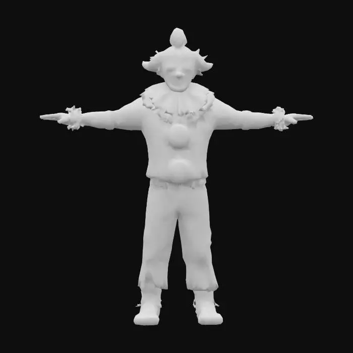 3D model for Rigor mortis the undead Clown . Dirty rotted flesh, withered stained clown outfit, sinewy zombie clown makeup . t posed game ready character