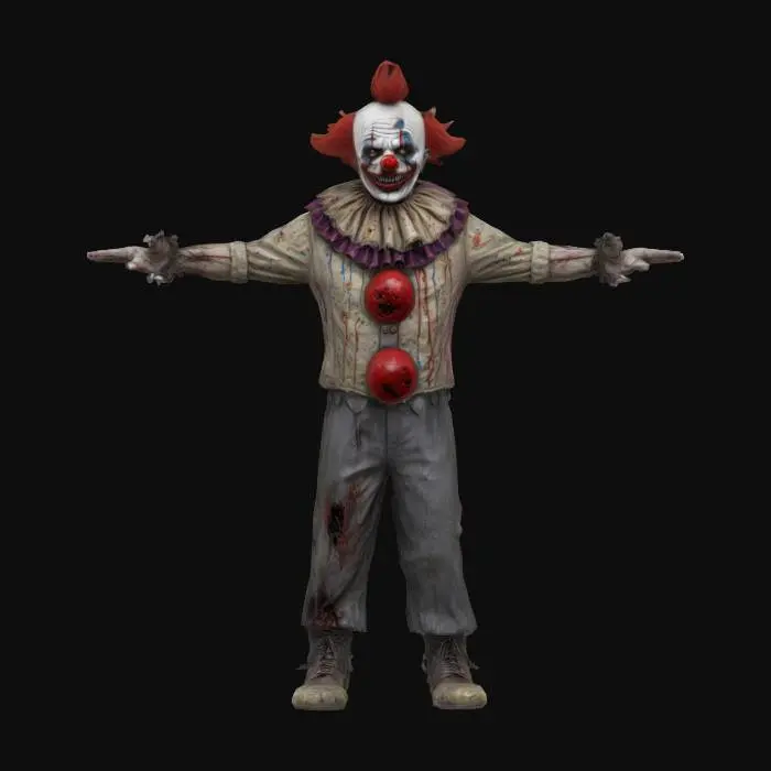 3D model for Rigor mortis the undead Clown . Dirty rotted flesh, withered stained clown outfit, sinewy zombie clown makeup . t posed game ready character