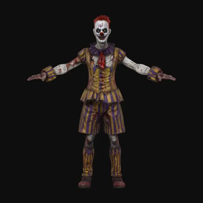 3D model for Rigor mortis the undead Clown . Dirty rotted flesh, withered stained clown outfit, sinewy zombie clown makeup . t posed game ready character