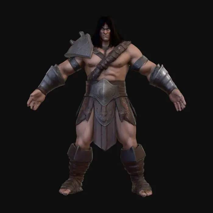 3D model for Conan the Destroyer Barbarian Game Character Asset T posed. Hands are empt ywith fingers spread apart .Destroyer armor and gauntlets . destroyer axe straped to his Back. High quality Texture and mesh. No holes or loose artifacts in mesh.