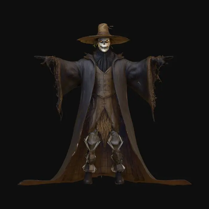 3D model for evil villain Scarecrow t posed game character asset..crisp clean lit texture and mesh