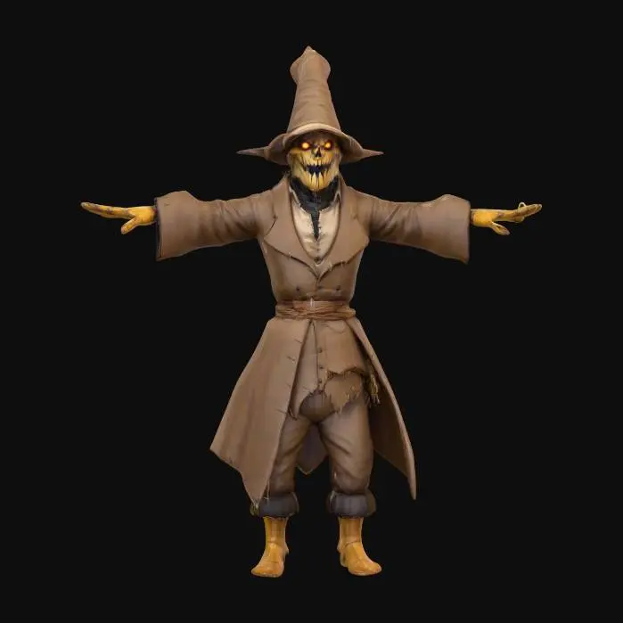 3D model for evil villain Scarecrow t posed game character asset..crisp clean lit texture and mesh