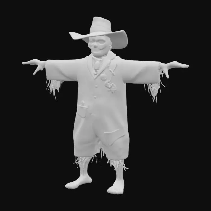 3D model for An evil villain scarecrow character asset, meticulously modeled in a T-pose. It features a crisp, clean-lit mesh, emphasizing sharp, menacing contours of its humanoid form. The texture showcases finely detailed, dark-hued burlap for its clothing, intricately stitched and patched, filled with dry, coarse straw. Weathered wood forms its gaunt limbs, and a grimacing, stitched face on its head exudes malevolence, all rendered with a professional, game-ready finish.