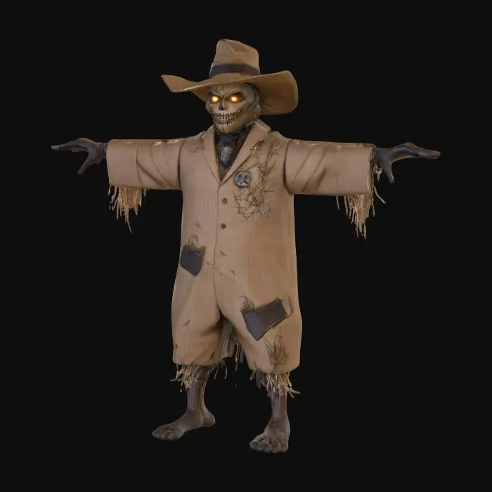 3D model for An evil villain scarecrow character asset, meticulously modeled in a T-pose. It features a crisp, clean-lit mesh, emphasizing sharp, menacing contours of its humanoid form. The texture showcases finely detailed, dark-hued burlap for its clothing, intricately stitched and patched, filled with dry, coarse straw. Weathered wood forms its gaunt limbs, and a grimacing, stitched face on its head exudes malevolence, all rendered with a professional, game-ready finish.