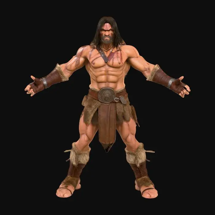 3D model for Conan the Destroyer Barbarian Game Character Asset T posed. Hands are empt ywith fingers spread apart .Destroyer armor and gauntlets . destroyer axe straped to his Back. High quality Texture and mesh. No holes or loose artifacts in mesh.