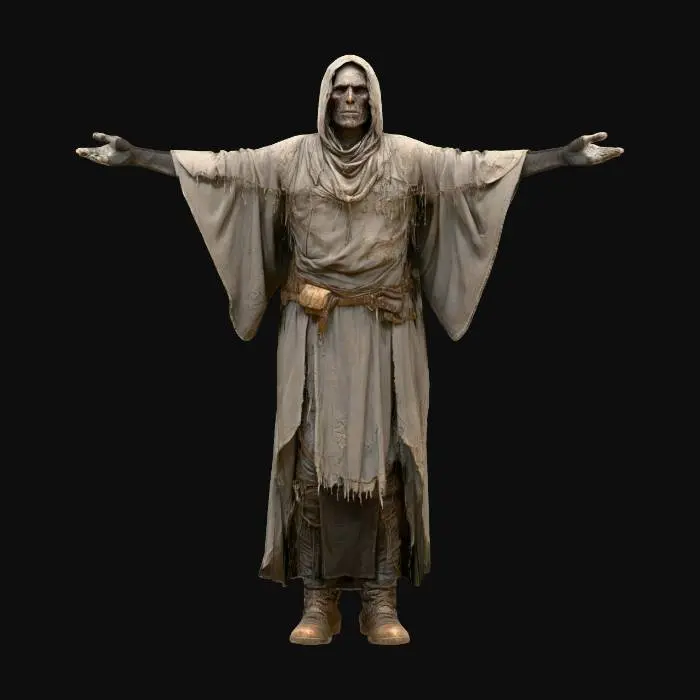 3D model for FAMINE horseman rider of the apocalypse. t POSED . hIGHLY DETAILED MESHY 6 ULTRA QUALITY mesh .Modern 3d character design. reference Famine horseman of the apocalypse . Intense detail. Clean mesh, no artifacts