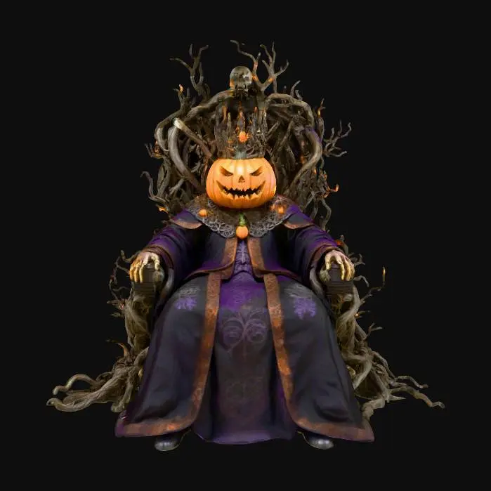 3D model for A majestic King Jack O'Lantern with a glowing, regal carved face sits enthroned on an intricately detailed, gnarled vine Halloween throne. He wears opulent, flowing black and deep purple robes, textured with subtle spooky patterns, and a prominent, ornate Halloween crown of dark, twisted metal, exuding a commanding and eerie presence., #Halloween2025#, #Halloween2025#, #Halloween2025#, #Halloween2025#, #Halloween2025#