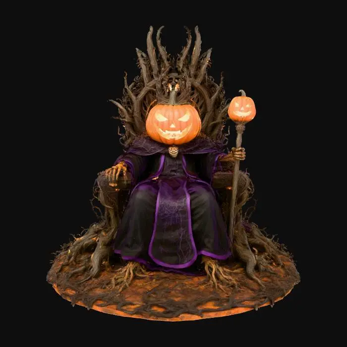 3D model for A majestic King Jack O'Lantern with a glowing, regal carved face sits enthroned on an intricately detailed, gnarled vine Halloween throne. He wears opulent, flowing black and deep purple robes, textured with subtle spooky patterns, and a prominent, ornate Halloween crown of dark, twisted metal, exuding a commanding and eerie presence.