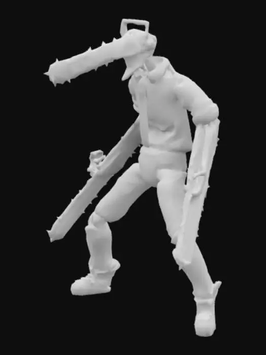 3D model for Denji from Chainsaw Man in his hybrid chainsaw form, highly detailed muscular body with torn clothes, chainsaws protruding from his arms and head, metallic chainsaw blades with realistic textures, glowing red eyes inside the helmet, blood splatters on his body and weapons, anime-style proportions but with realistic detailing, dynamic battle pose, cinematic lighting, ultra-high detail, 4K PBR textures, sharp edges and intricate mechanical parts