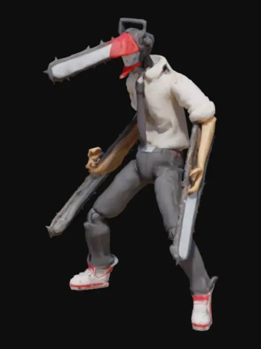 3D model for Denji from Chainsaw Man in his hybrid chainsaw form, highly detailed muscular body with torn clothes, chainsaws protruding from his arms and head, metallic chainsaw blades with realistic textures, glowing red eyes inside the helmet, blood splatters on his body and weapons, anime-style proportions but with realistic detailing, dynamic battle pose, cinematic lighting, ultra-high detail, 4K PBR textures, sharp edges and intricate mechanical parts