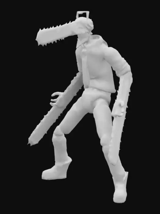 3D model for Denji from Chainsaw Man in his hybrid chainsaw form, highly detailed muscular body with torn clothes, chainsaws protruding from his arms and head, metallic chainsaw blades with realistic textures, glowing red eyes inside the helmet, blood splatters on his body and weapons, anime-style proportions but with realistic detailing, dynamic battle pose, cinematic lighting, ultra-high detail, 4K PBR textures, sharp edges and intricate mechanical parts,  hands better