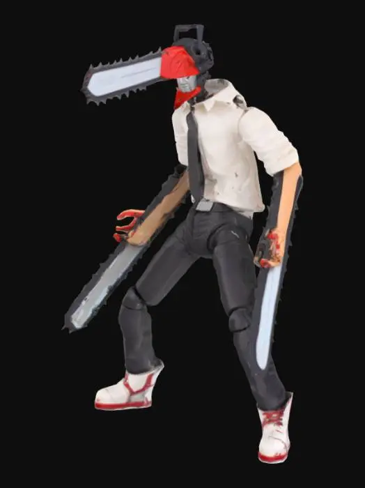 3D model for Denji from Chainsaw Man in his hybrid chainsaw form, highly detailed muscular body with torn clothes, chainsaws protruding from his arms and head, metallic chainsaw blades with realistic textures, glowing red eyes inside the helmet, blood splatters on his body and weapons, anime-style proportions but with realistic detailing, dynamic battle pose, cinematic lighting, ultra-high detail, 4K PBR textures, sharp edges and intricate mechanical parts,  hands better