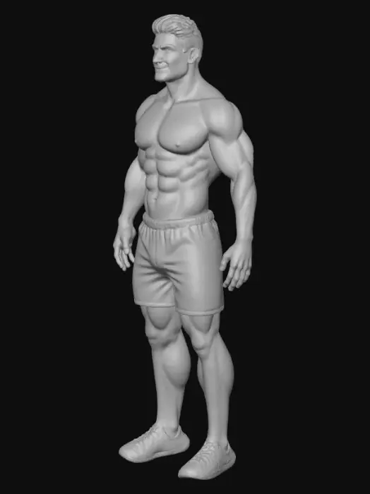 3D model for 8k male, 35, wearing gym shorts, on beach, hairy chest, well toned