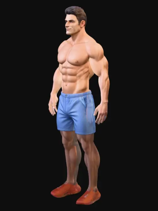 3D model for 8k male, 35, wearing gym shorts, on beach, hairy chest, well toned