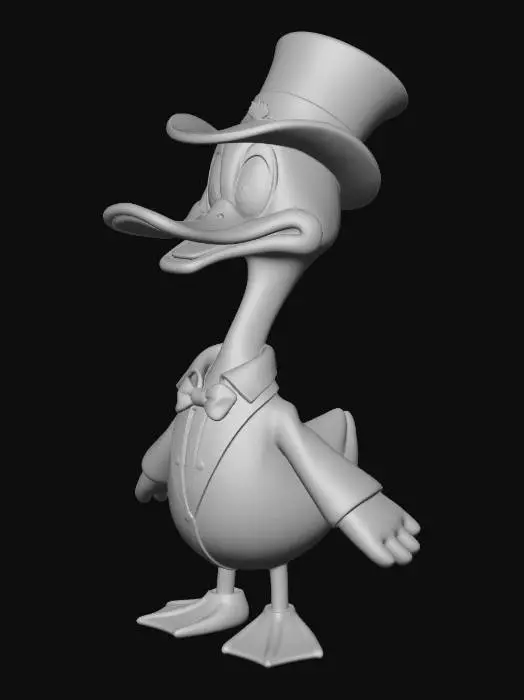 3D model for Ilustração em estilo cartoon clássico de um pato antropomórfico inspirado em personagens vintage, com cabeça branca e bico amarelo sorridente. Ele usa uma cartola preta elegante com uma faixa azul. Seus olhos são estilizados como símbolos de dólar ($), grandes e brilhantes, transmitindo riqueza e ganância de forma cômica. O personagem tem expressão alegre e confiante, com um leve sorriso malicioso. Usa roupa vermelha na parte inferior do corpo. Traço limpo, cores sólidas e vibrantes, estilo semelhante a animações antigas, fundo simples ou transparente. cartoon retrô, animação dos anos 1930–1950. close-up do rosto e parte superior do corpo