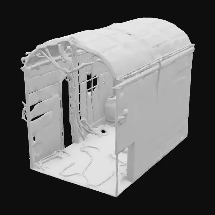 3D model for a narrow dungeon  and low-ceilinged, with damp stone walls slick with moss and bloodstains. Rusted iron bars form uneven cells, each reinforced with black chains and sealed runes. The floor is uneven cobblestone, worn smooth in some areas, jagged in others. Dim torch sconces flicker with green-blue flame, casting shadows across bone piles and shattered shackles. Dripping water echoes from a cracked drain in the center. Hooks hang from the ceiling’s wooden support beams, and a rusted iron maiden stands in the corner. An arched iron gate leads deeper into the catacombs beyond.

