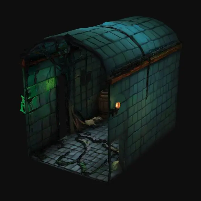 3D model for a narrow dungeon  and low-ceilinged, with damp stone walls slick with moss and bloodstains. Rusted iron bars form uneven cells, each reinforced with black chains and sealed runes. The floor is uneven cobblestone, worn smooth in some areas, jagged in others. Dim torch sconces flicker with green-blue flame, casting shadows across bone piles and shattered shackles. Dripping water echoes from a cracked drain in the center. Hooks hang from the ceiling’s wooden support beams, and a rusted iron maiden stands in the corner. An arched iron gate leads deeper into the catacombs beyond.

