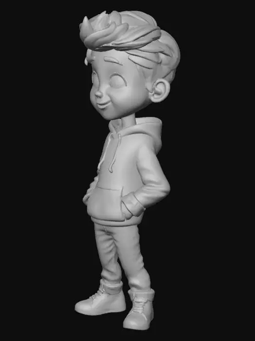 3D model for colorful stylized 3D cartoon boy character, 13 years old, full body, beige skin, brown hair, green eyes, blue hoodie, black jeans, white sneakers, bright vivid colors, not grayscale