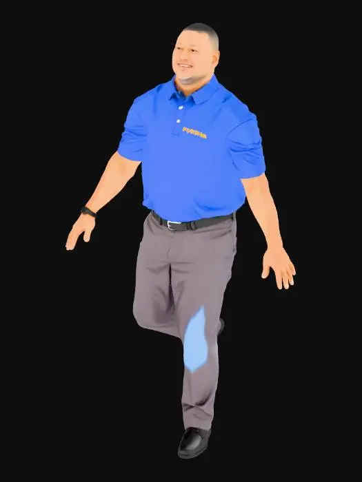 3D model for an 45 year old african man wearing a royal blue polo shirt tucked into his dark coloured dress pants. he wears dark coloured dress shoes.