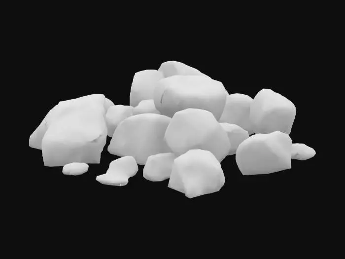 3D model for A cluster of large boulders partially buried in snow, varying in size and shape. Surfaces alternate between exposed rugged stone and thick snowy blankets, with small icicles dangling from ledges. Snowdrifts fill the gaps between rocks, creating natural crevices and shadows. Frost coats the boulders with crystalline patterns, catching cold light softly. The cluster suggests natural windbreaks or animal shelters. Mesh should prioritize rough stone details, layered snow volumes, and delicate ice textures.