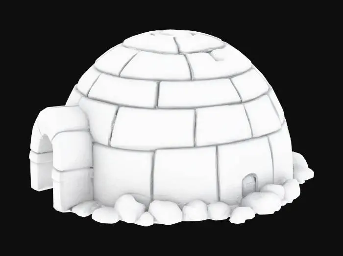 3D model for A classic igloo dome crafted from compacted snow blocks, each block textured with fine granular frost and subtle cracks. The dome curves smoothly with a slight frost sheen and occasional melting patches near the entrance. The doorway is a low tunnel lined with smaller snow bricks, partially shadowed. Snow piles around the base, some disturbed by footprints. Icicles hang from the eaves, translucent with subtle blue hues. Mesh emphasis on block detail, snow grain, and realistic frost effects capturing cold shelter aesthetics.