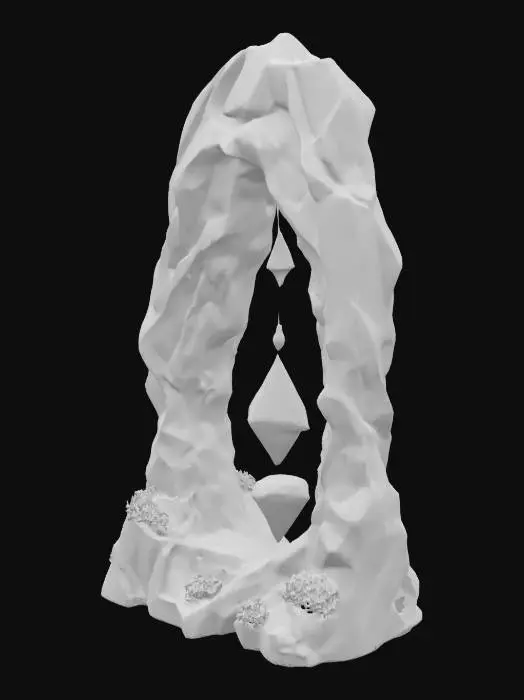 3D model for #arch#, Imagine a colossal single arch, carved from obsidian-glass alloy, glowing with bioluminescent mineral veins in aquamarine and lavender. Its fractal curves spiral and loop into impossible helices, bending physics and reality. Suspended crystals refract soft ambient light, casting warped shadows. A levitating crystalline core pulses harmonic vibrations, deforming the arch’s smooth yet weathered surface. Intricate carvings of alien glyphs and equations run along its inner curves, while moss-like lichen grows in fractured crevices. This living monument embodies cosmic memory, infinite recursion, and sacred geometry — an alien relic frozen in time.  #arch#