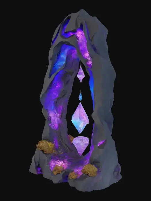 3D model for #arch#, Imagine a colossal single arch, carved from obsidian-glass alloy, glowing with bioluminescent mineral veins in aquamarine and lavender. Its fractal curves spiral and loop into impossible helices, bending physics and reality. Suspended crystals refract soft ambient light, casting warped shadows. A levitating crystalline core pulses harmonic vibrations, deforming the arch’s smooth yet weathered surface. Intricate carvings of alien glyphs and equations run along its inner curves, while moss-like lichen grows in fractured crevices. This living monument embodies cosmic memory, infinite recursion, and sacred geometry — an alien relic frozen in time.  #arch#