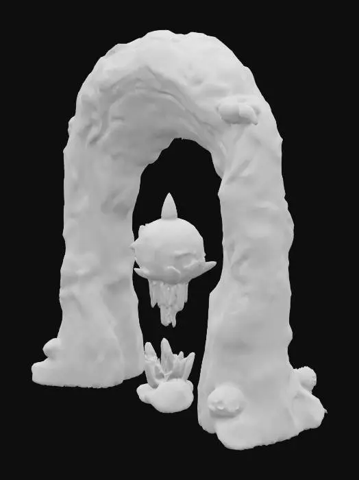 3D model for #arch#, Imagine a colossal single arch, carved from obsidian-glass alloy, glowing with bioluminescent mineral veins in aquamarine and lavender. Its fractal curves spiral and loop into impossible helices, bending physics and reality. Suspended crystals refract soft ambient light, casting warped shadows. A levitating crystalline core pulses harmonic vibrations, deforming the arch’s smooth yet weathered surface. Intricate carvings of alien glyphs and equations run along its inner curves, while moss-like lichen grows in fractured crevices. This living monument embodies cosmic memory, infinite recursion, and sacred geometry — an alien relic frozen in time.  #arch#