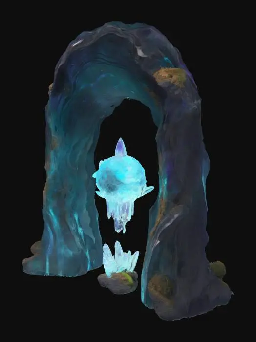 3D model for #arch#, Imagine a colossal single arch, carved from obsidian-glass alloy, glowing with bioluminescent mineral veins in aquamarine and lavender. Its fractal curves spiral and loop into impossible helices, bending physics and reality. Suspended crystals refract soft ambient light, casting warped shadows. A levitating crystalline core pulses harmonic vibrations, deforming the arch’s smooth yet weathered surface. Intricate carvings of alien glyphs and equations run along its inner curves, while moss-like lichen grows in fractured crevices. This living monument embodies cosmic memory, infinite recursion, and sacred geometry — an alien relic frozen in time.  #arch#